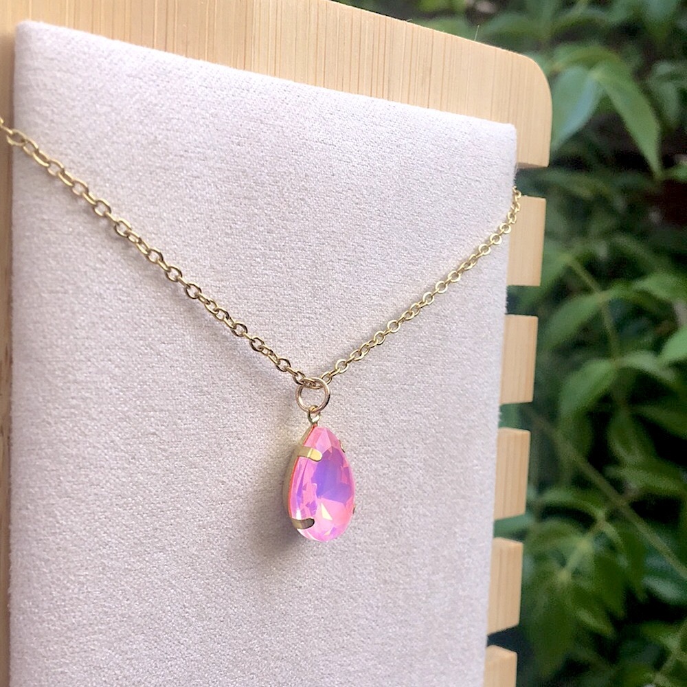Pink Opal Aurora Borealis Pear Teardrop Crystal Pendant Necklace - Picture 4 of 14